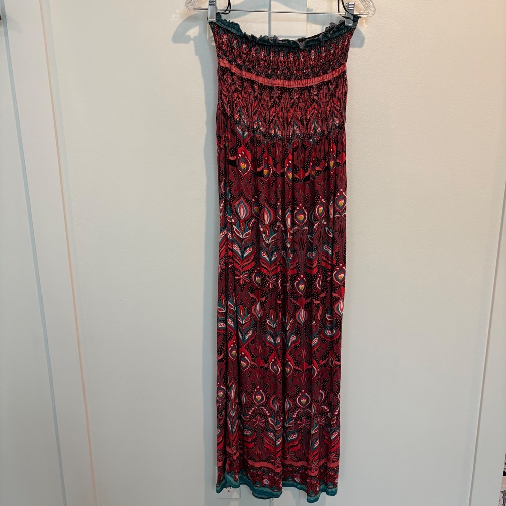 Angie Dress Womens Small Red Paisley Strapless Smocked Maxi Sundress Boho